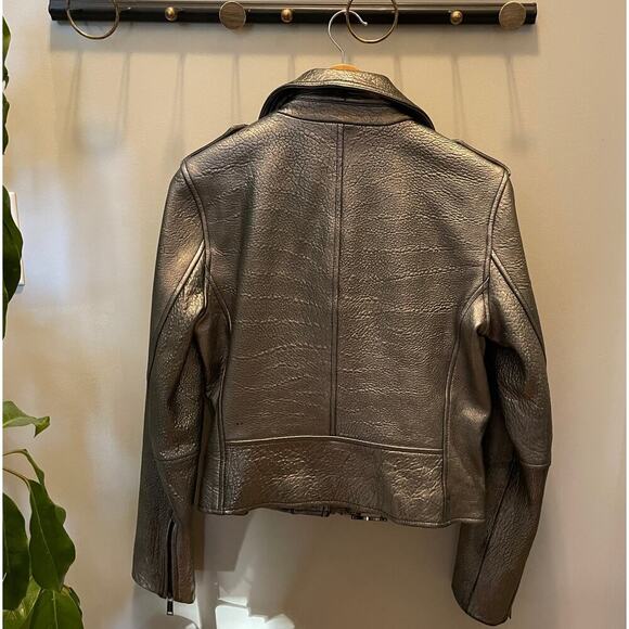 Michael Kors Metallic Silver Leather Jacket | Womens M, Moto Style EUC MSRP $595 - Picture 10 of 12